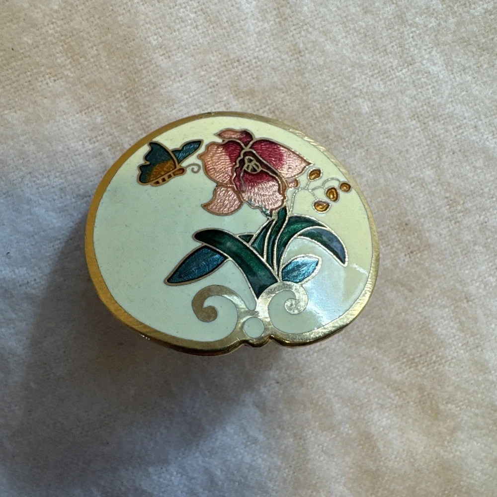 Vintage Scarf Clip Cloisonne Enamel Roses Butterfly Gold-tone Boho acc-‎